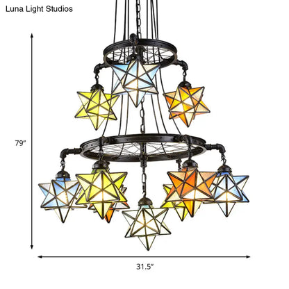 Stunning 10-Light Star Living Room Hanging Light: Tiffany Chandelier with Wheel Stained Glass in Black Finish