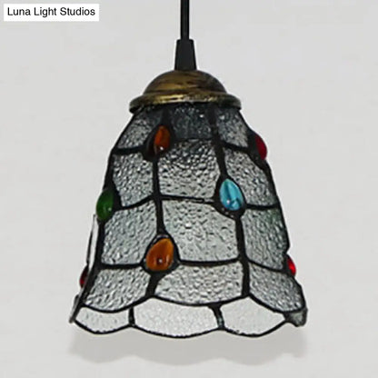 Stunning Clear Glass Trumpet Ceiling Lamp Tiffany Style with Colorful Bead - Elegant 1-Head Pendant Light