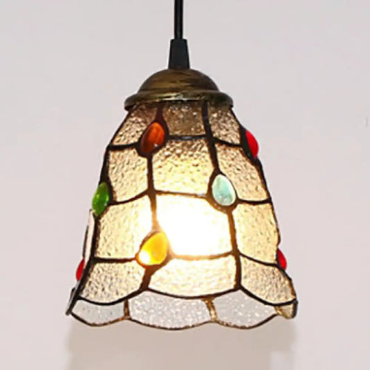 Stunning Clear Glass Trumpet Ceiling Lamp Tiffany Style with Colorful Bead - Elegant 1-Head Pendant Light