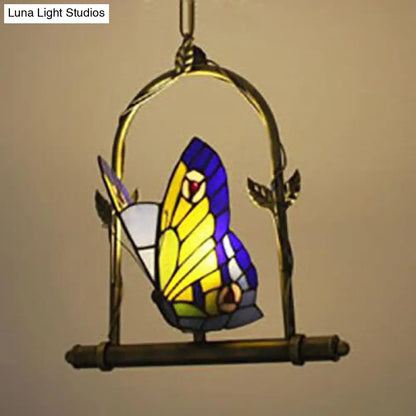 Stunning Tiffany Style Butterfly Pendant Light - Warm Brass Suspension Lighting for Balcony