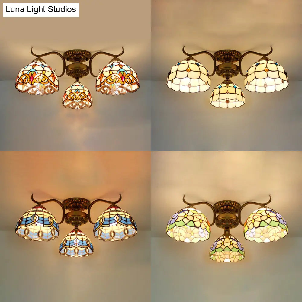 DecorBites™ DecorBites™ Stunning Tiffany Style Stained Glass Ceiling Light with Victorian, Gem & Flower Design - 3 Semi Flush Mount Lights in Beige