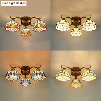 DecorBites™ DecorBites™ Stunning Tiffany Style Stained Glass Ceiling Light with Victorian, Gem & Flower Design - 3 Semi Flush Mount Lights in Beige