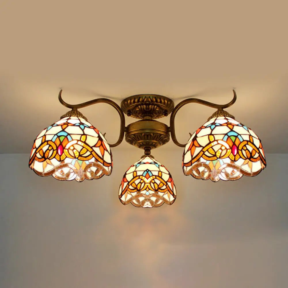 DecorBites™ DecorBites™ Stunning Tiffany Style Stained Glass Ceiling Light with Victorian, Gem & Flower Design - 3 Semi Flush Mount Lights in Beige