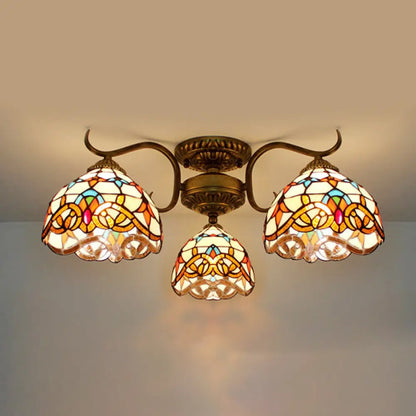 DecorBites™ DecorBites™ Stunning Tiffany Style Stained Glass Ceiling Light with Victorian, Gem & Flower Design - 3 Semi Flush Mount Lights in Beige