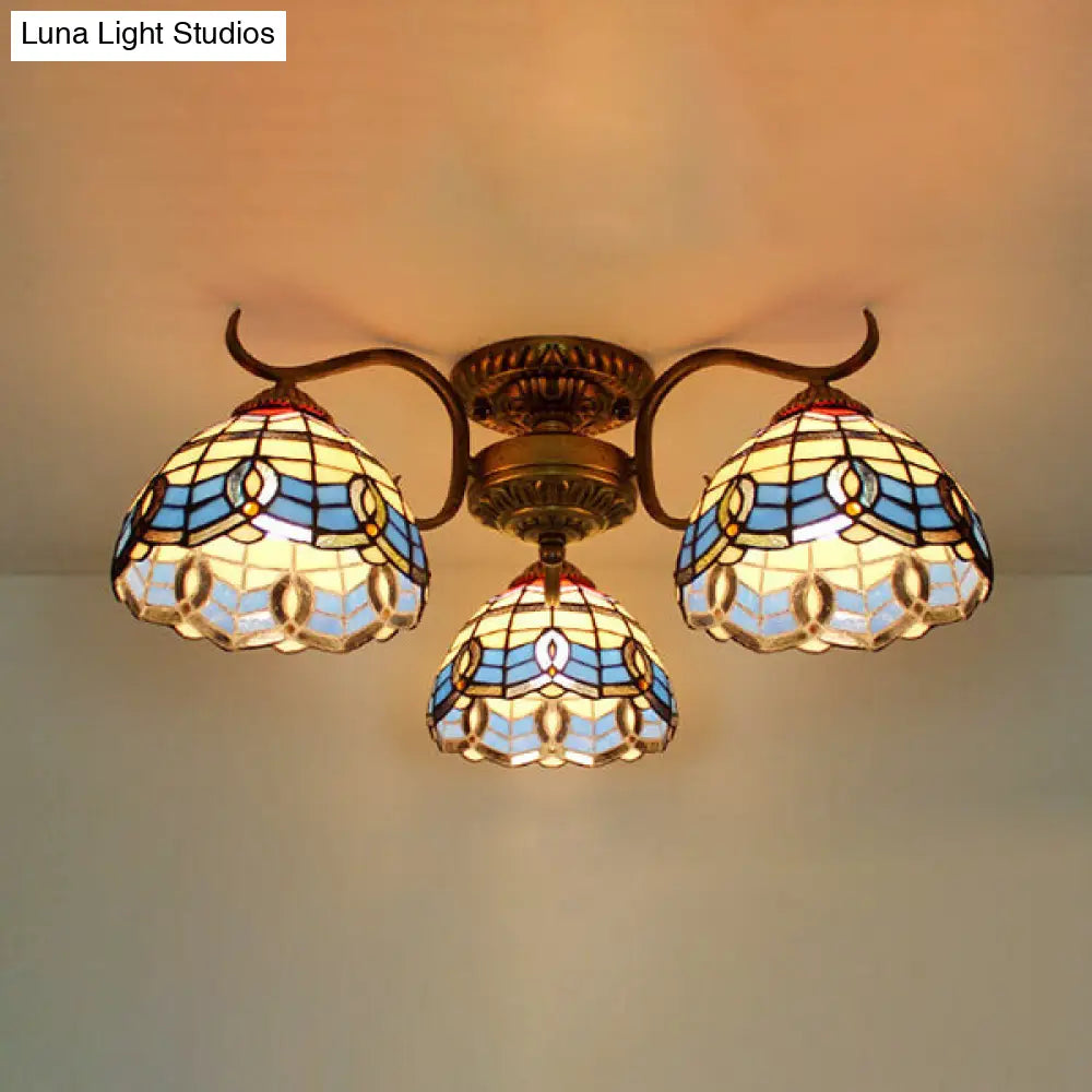 DecorBites™ DecorBites™ Stunning Tiffany Style Stained Glass Ceiling Light with Victorian, Gem & Flower Design - 3 Semi Flush Mount Lights in Beige