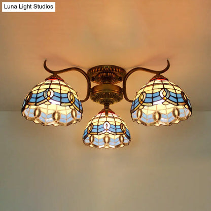 DecorBites™ DecorBites™ Stunning Tiffany Style Stained Glass Ceiling Light with Victorian, Gem & Flower Design - 3 Semi Flush Mount Lights in Beige