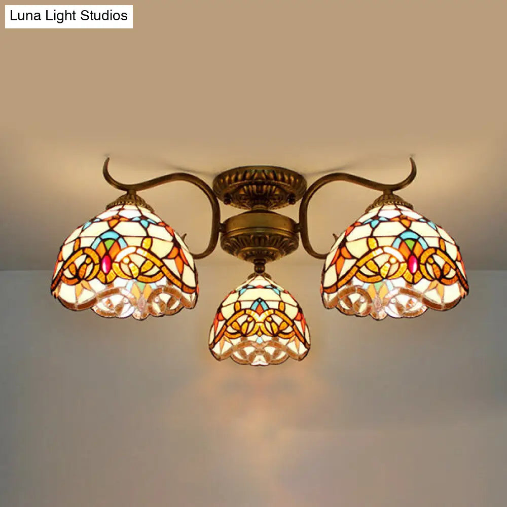 DecorBites™ DecorBites™ Stunning Tiffany Style Stained Glass Ceiling Light with Victorian, Gem & Flower Design - 3 Semi Flush Mount Lights in Beige