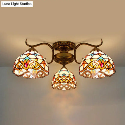 DecorBites™ DecorBites™ Stunning Tiffany Style Stained Glass Ceiling Light with Victorian, Gem & Flower Design - 3 Semi Flush Mount Lights in Beige