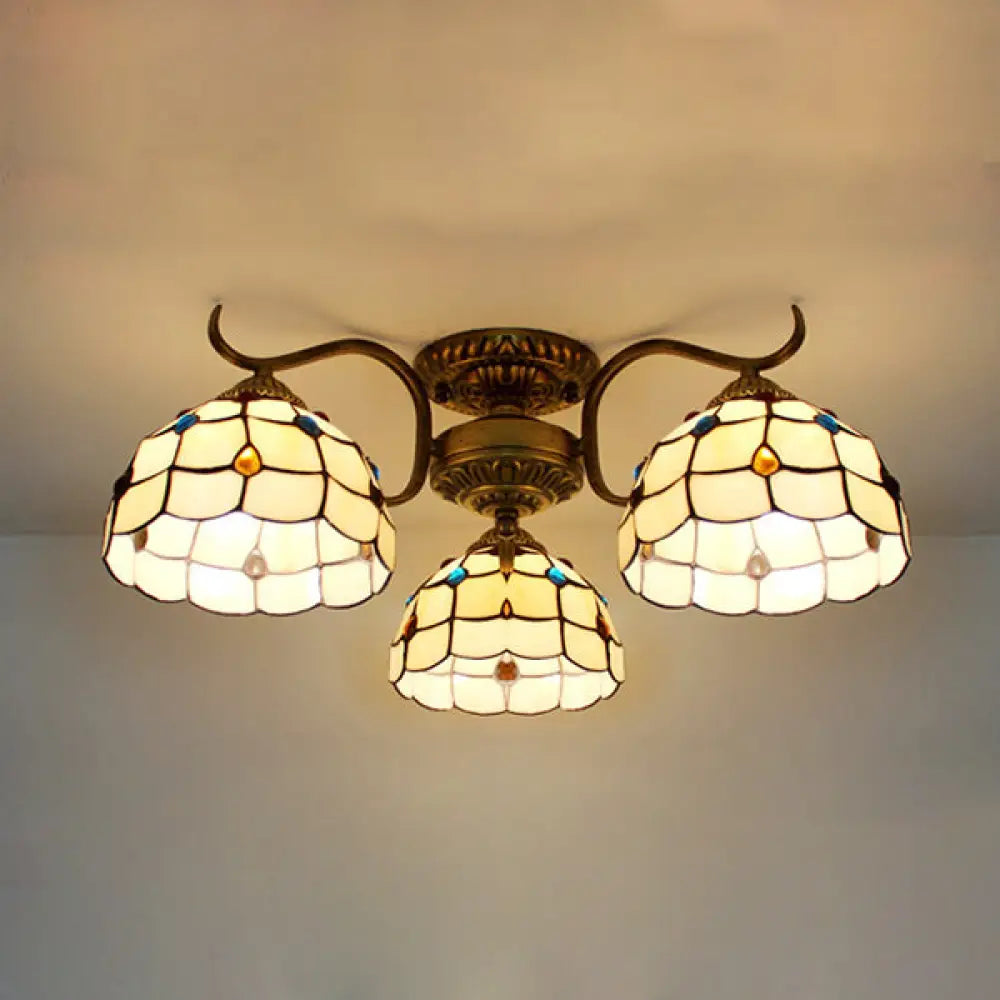 DecorBites™ DecorBites™ Stunning Tiffany Style Stained Glass Ceiling Light with Victorian, Gem & Flower Design - 3 Semi Flush Mount Lights in Beige