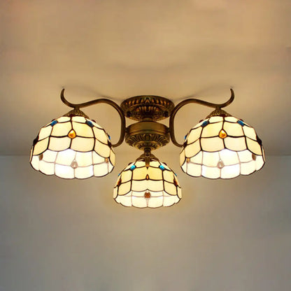 DecorBites™ DecorBites™ Stunning Tiffany Style Stained Glass Ceiling Light with Victorian, Gem & Flower Design - 3 Semi Flush Mount Lights in Beige