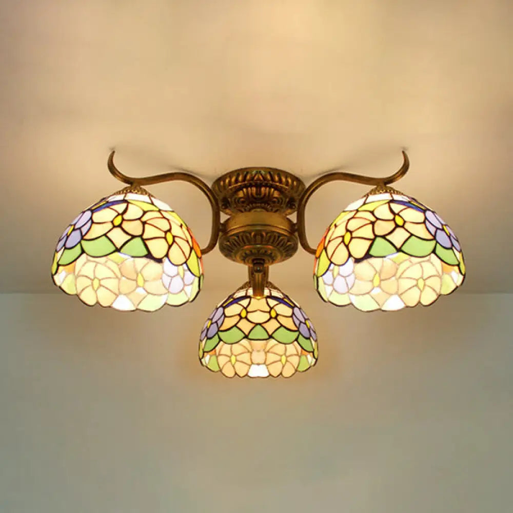 DecorBites™ DecorBites™ Stunning Tiffany Style Stained Glass Ceiling Light with Victorian, Gem & Flower Design - 3 Semi Flush Mount Lights in Beige