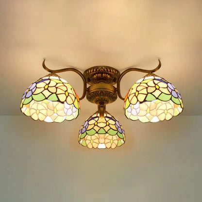 DecorBites™ DecorBites™ Stunning Tiffany Style Stained Glass Ceiling Light with Victorian, Gem & Flower Design - 3 Semi Flush Mount Lights in Beige