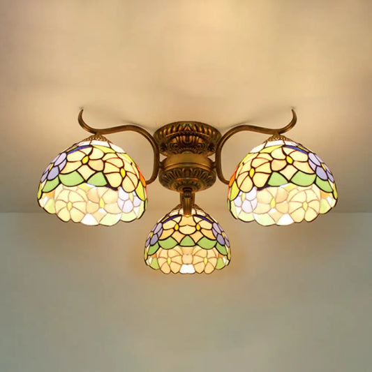 DecorBites™ DecorBites™ Stunning Tiffany Style Stained Glass Ceiling Light with Victorian, Gem & Flower Design - 3 Semi Flush Mount Lights in Beige