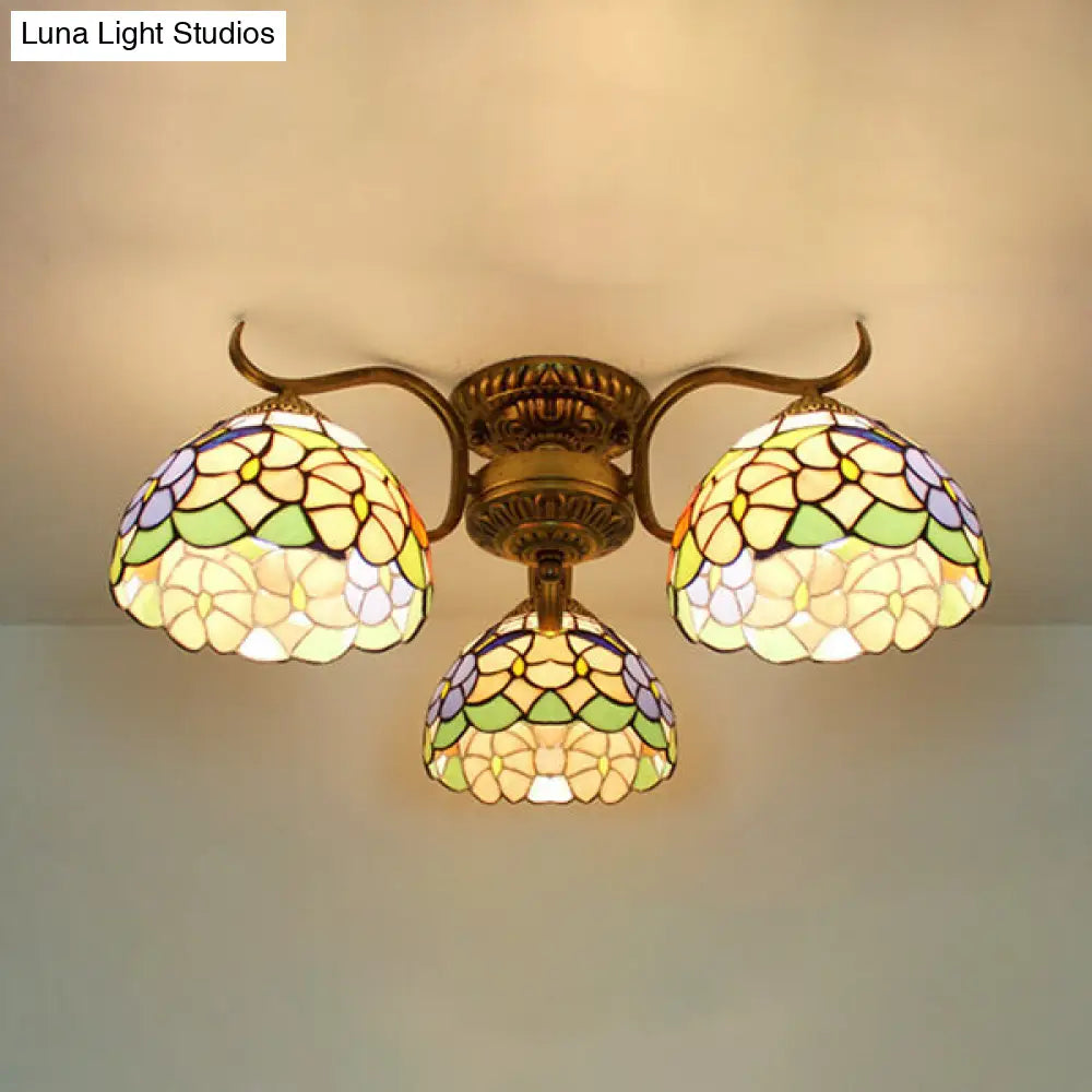 DecorBites™ DecorBites™ Stunning Tiffany Style Stained Glass Ceiling Light with Victorian, Gem & Flower Design - 3 Semi Flush Mount Lights in Beige