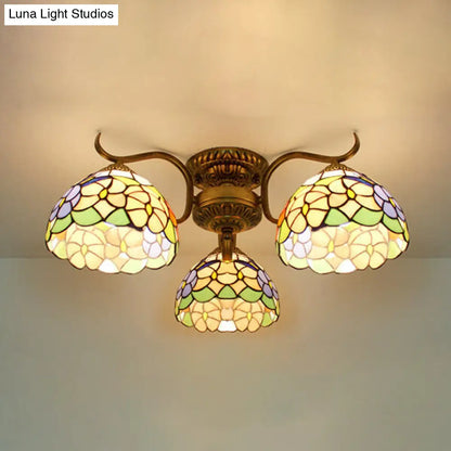 DecorBites™ DecorBites™ Stunning Tiffany Style Stained Glass Ceiling Light with Victorian, Gem & Flower Design - 3 Semi Flush Mount Lights in Beige