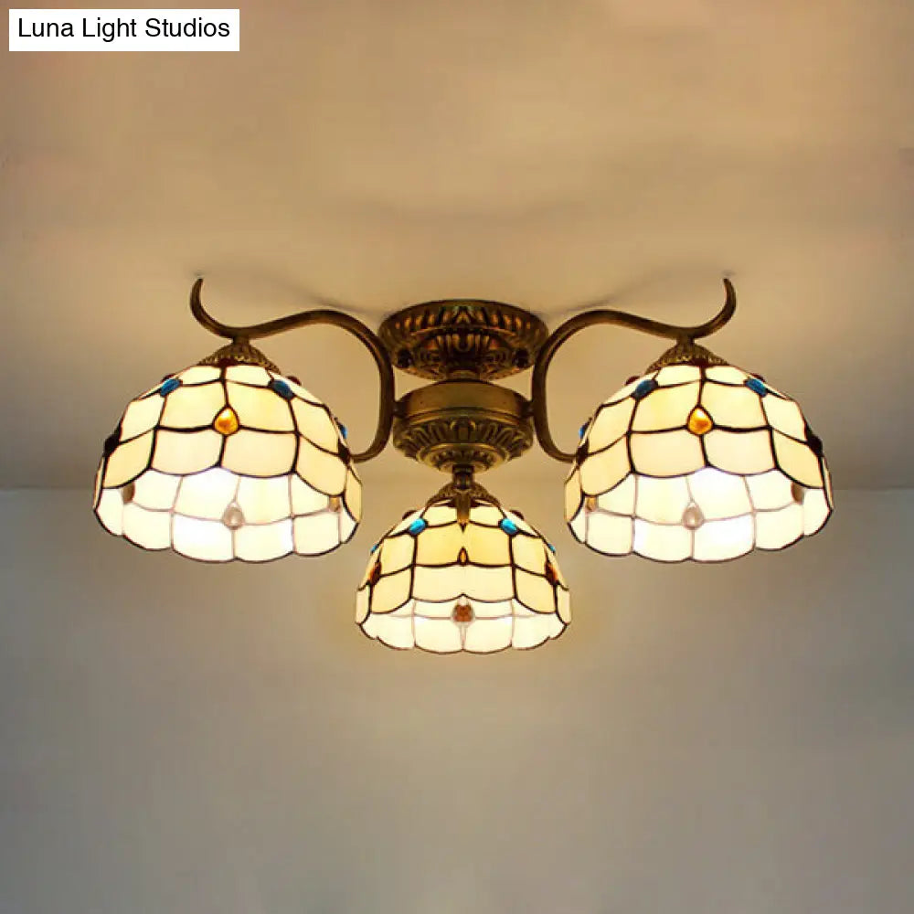 DecorBites™ DecorBites™ Stunning Tiffany Style Stained Glass Ceiling Light with Victorian, Gem & Flower Design - 3 Semi Flush Mount Lights in Beige