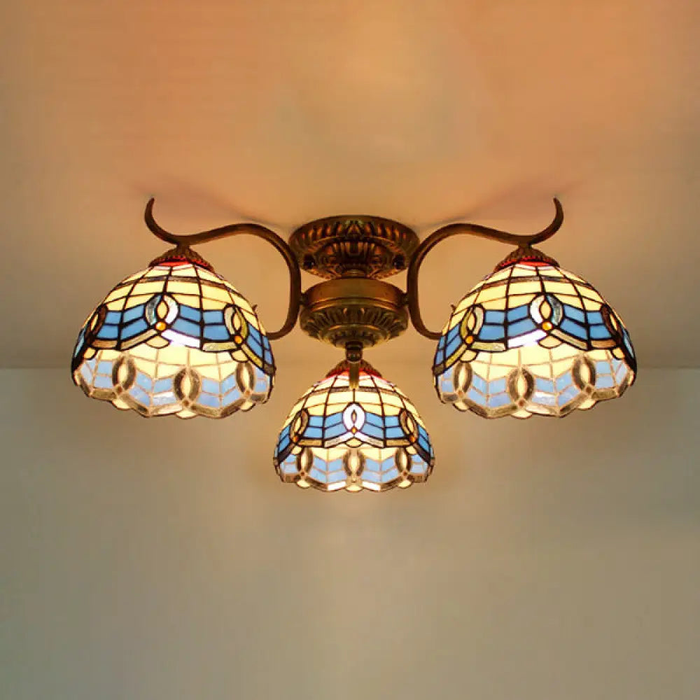 DecorBites™ DecorBites™ Stunning Tiffany Style Stained Glass Ceiling Light with Victorian, Gem & Flower Design - 3 Semi Flush Mount Lights in Beige