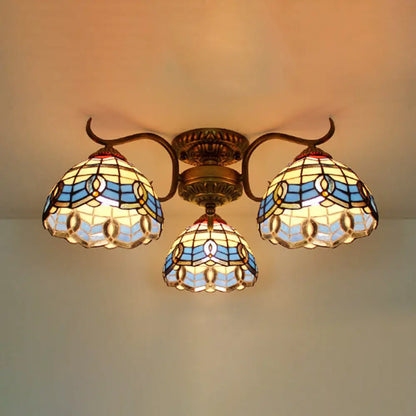DecorBites™ DecorBites™ Stunning Tiffany Style Stained Glass Ceiling Light with Victorian, Gem & Flower Design - 3 Semi Flush Mount Lights in Beige