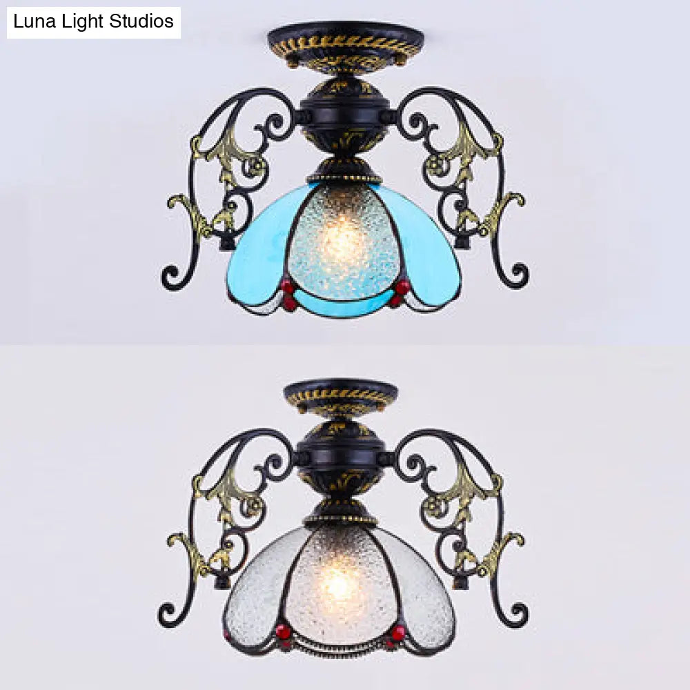 DecorBites™ DecorBites™ Stunning Traditional Stained Glass Ceiling Light with Blue Diamond/Frosted Shade - Black/White Semi Flush Mount