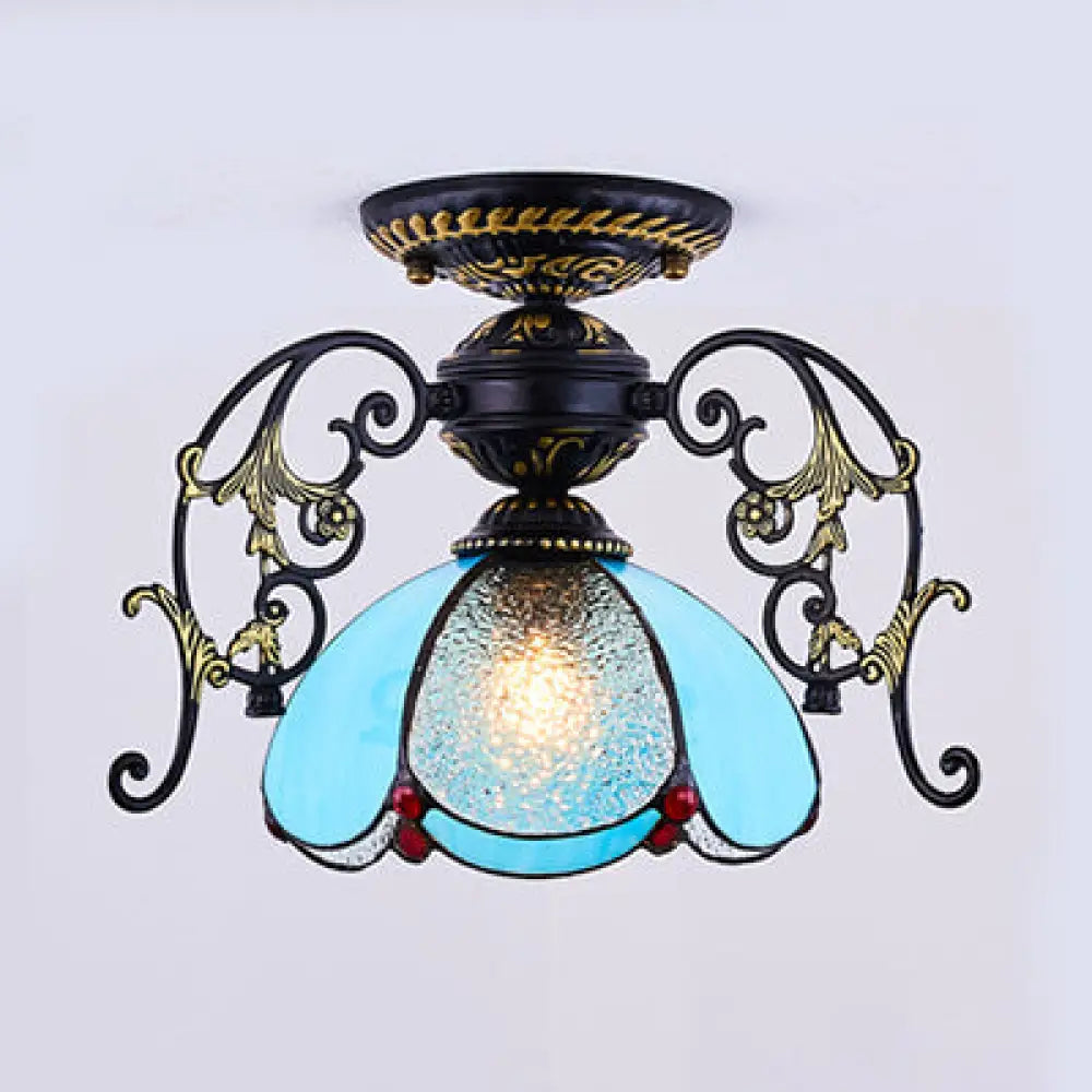 DecorBites™ DecorBites™ Stunning Traditional Stained Glass Ceiling Light with Blue Diamond/Frosted Shade - Black/White Semi Flush Mount