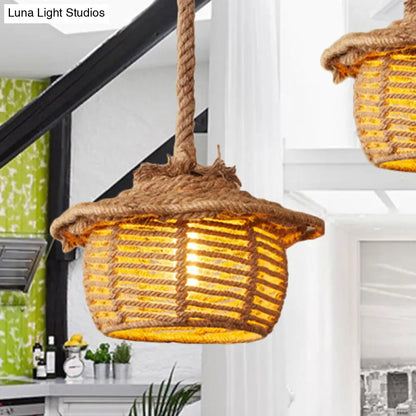 Stylish 1-Light Beige Hemp Rope Ceiling Light for Coffee Shops: House Suspended Light Lodge