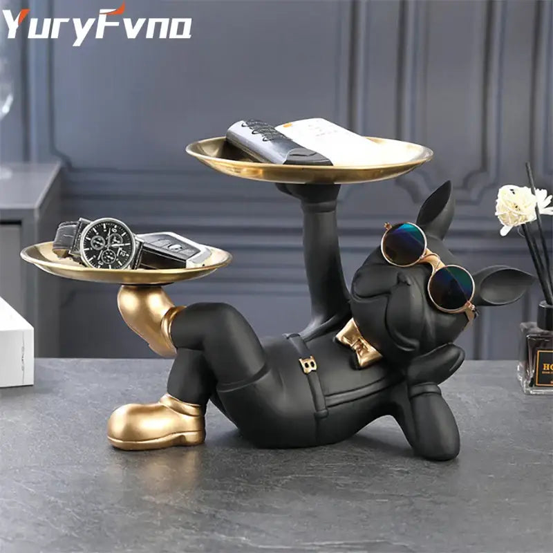 Stylish black and gold bulldog figurine sculpture holding golden trays wearing sunglasses for living room decorbites decor