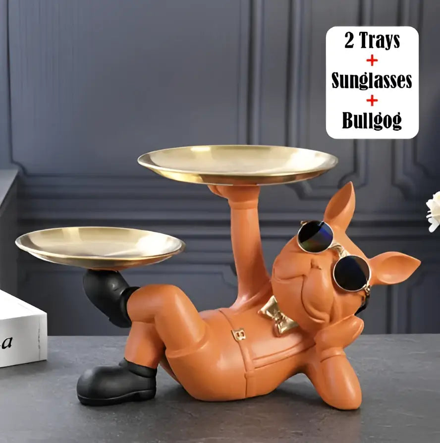 Orange resin bulldog figurine sculpture wearing sunglasses and bow tie holding gold trays for living room decor