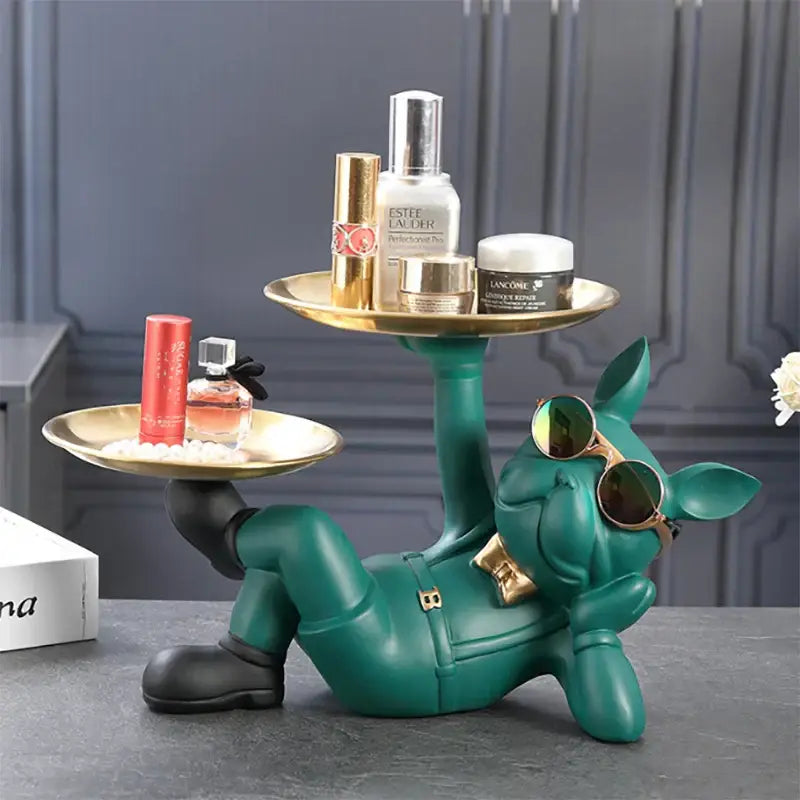 Teal resin bulldog figurine sculpture wearing sunglasses and holding gold trimmed trays elegant decorbites decor