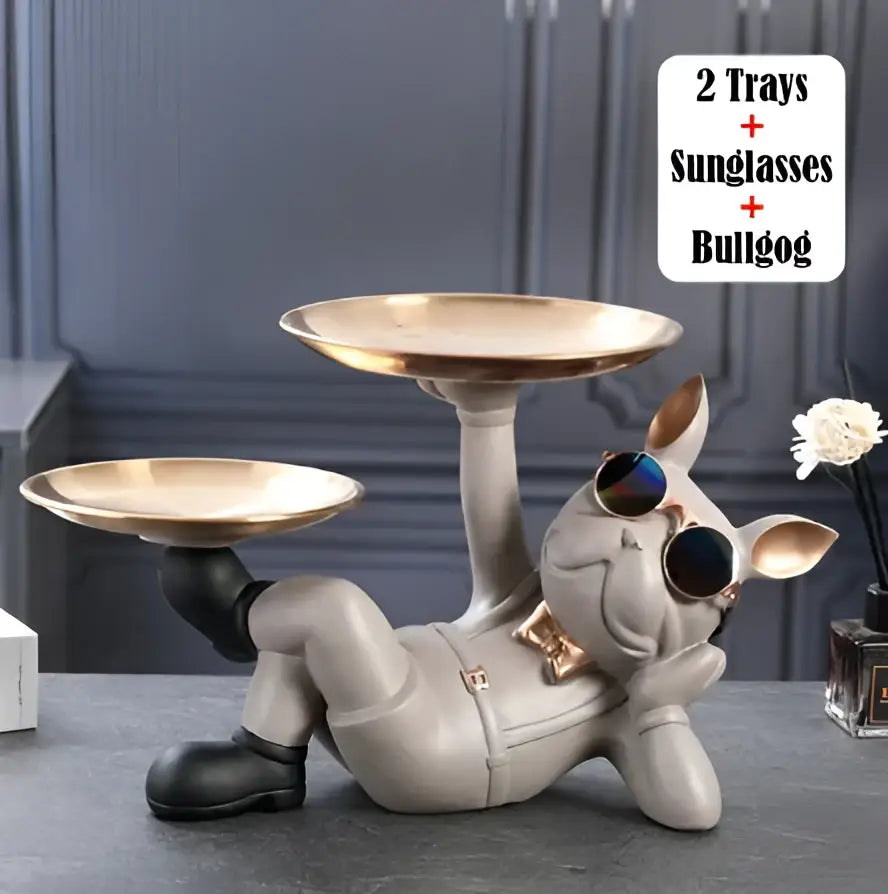 Stylish gray bulldog figurine sculpture with gold-trimmed sunglasses and trays for living room decorbites decor