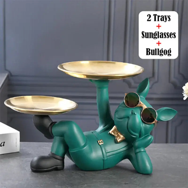 Teal bulldog figurine sculpture with gold-trimmed sunglasses and bow tie holding golden trays for stylish decorbites decor