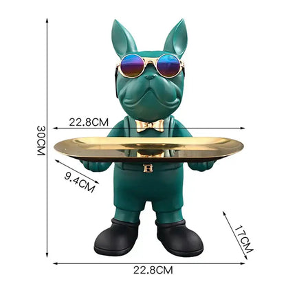 Teal bulldog figurine sculpture wearing gold-rimmed sunglasses and bow tie holding golden tray for living room decor