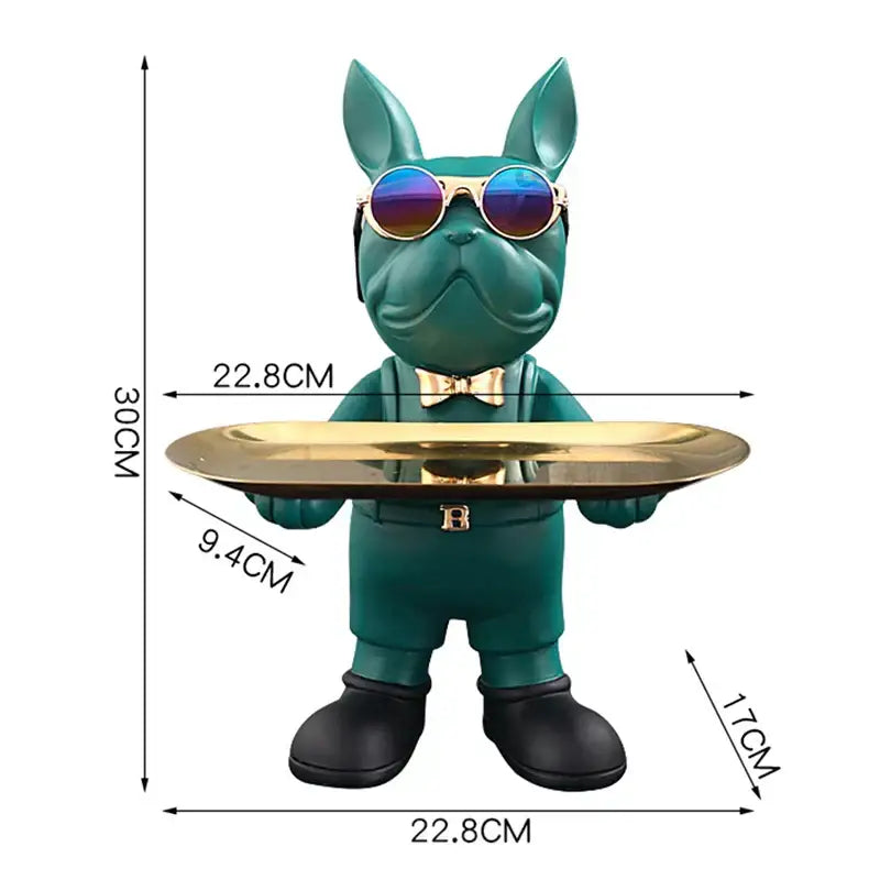 Teal bulldog figurine sculpture wearing gold-rimmed sunglasses and bow tie holding golden tray for living room decor