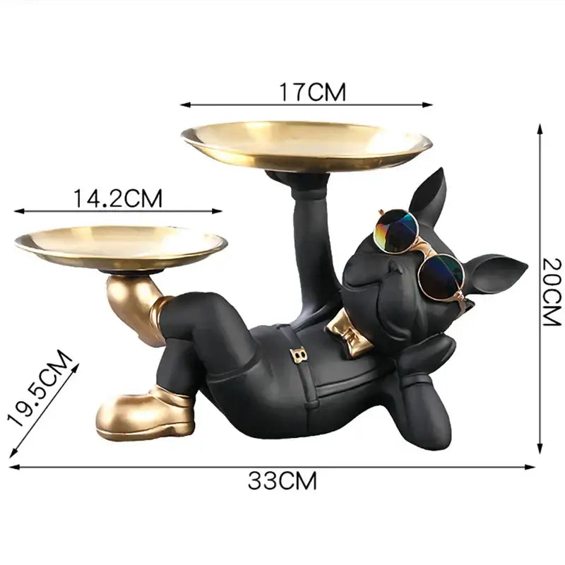 Stylish black and gold bulldog figurine sculpture dressed in a suit holding trays for living room decor