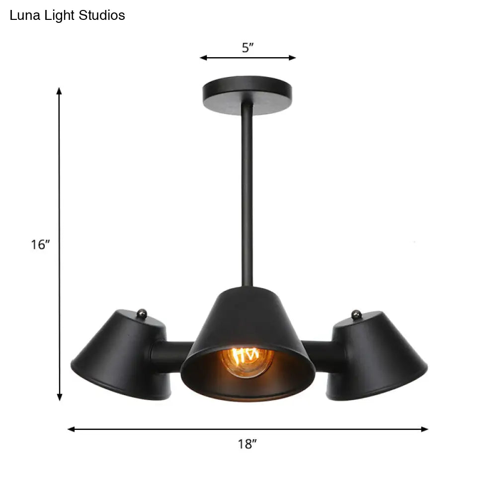 Stylish Black Industrial Chandelier with Conical Metal Shade - 3 Lights Indoor Ceiling Lamp