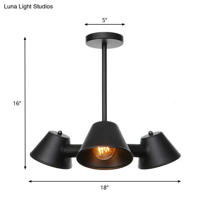 Stylish Black Industrial Chandelier with Conical Metal Shade - 3 Lights Indoor Ceiling Lamp