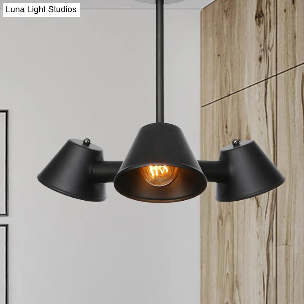 Stylish Black Industrial Chandelier with Conical Metal Shade - 3 Lights Indoor Ceiling Lamp
