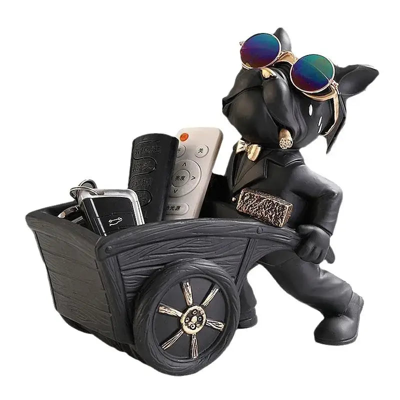 Stylish black suit dog statue storage box featuring iridescent sunglasses and bow tie for living room decorbites dog statue