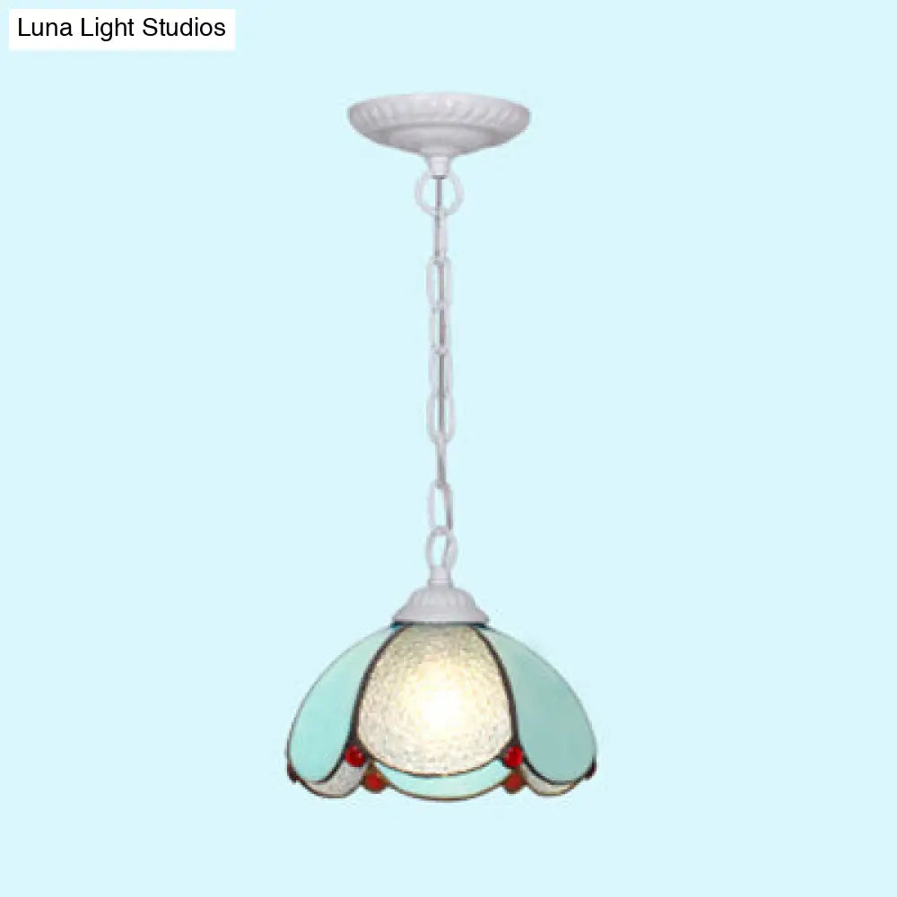 Stylish Black/White/Blue Mediterranean Stained Glass Hanging Ceiling Light - 1 Bulb Down Lighting