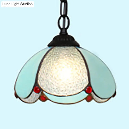 Stylish Black/White/Blue Mediterranean Stained Glass Hanging Ceiling Light - 1 Bulb Down Lighting