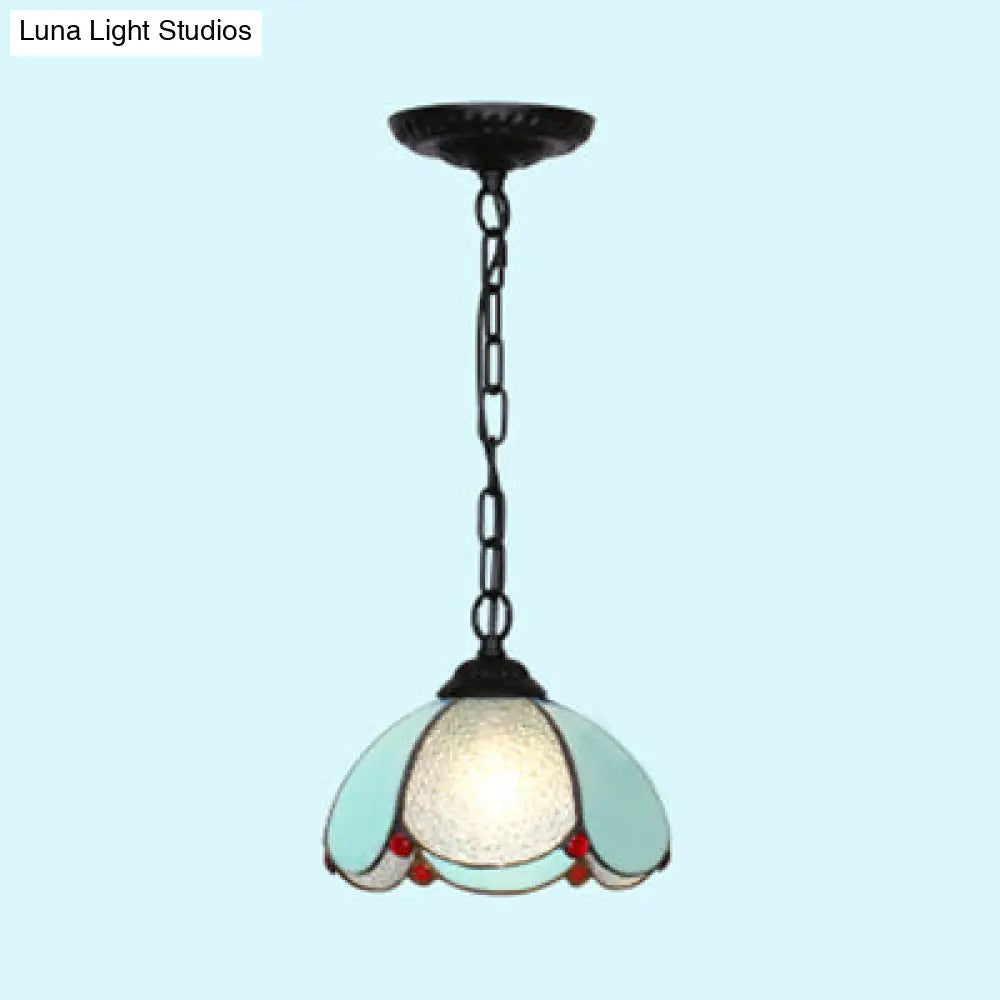 Stylish Black/White/Blue Mediterranean Stained Glass Hanging Ceiling Light - 1 Bulb Down Lighting