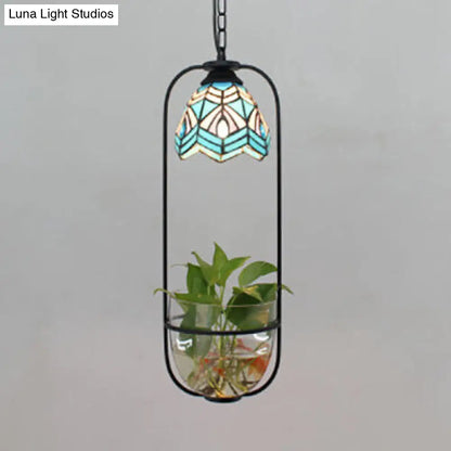 Stylish Blue Domed Suspension Tiffany Lamp: Handcrafted Stained Glass Pendant with Green Plant Accent