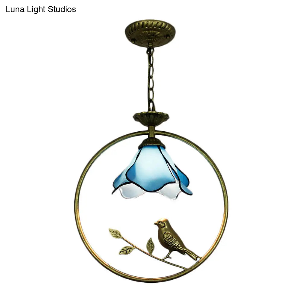 Stylish Blue Petal Tiffany Hanging Light Fixture - Handcrafted Art Glass Ceiling Lamp with Metal Ring