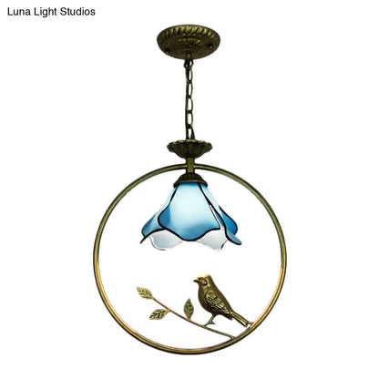 Stylish Blue Petal Tiffany Hanging Light Fixture - Handcrafted Art Glass Ceiling Lamp with Metal Ring