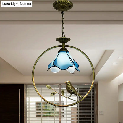 Stylish Blue Petal Tiffany Hanging Light Fixture - Handcrafted Art Glass Ceiling Lamp with Metal Ring