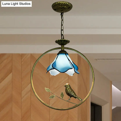 Stylish Blue Petal Tiffany Hanging Light Fixture - Handcrafted Art Glass Ceiling Lamp with Metal Ring