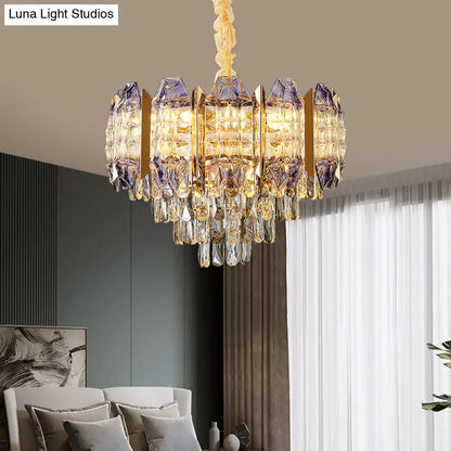 Elegante lámpara de techo cónica para salón - Kit de lámpara colgante moderna de cristal prismático de 9 luces en dorado