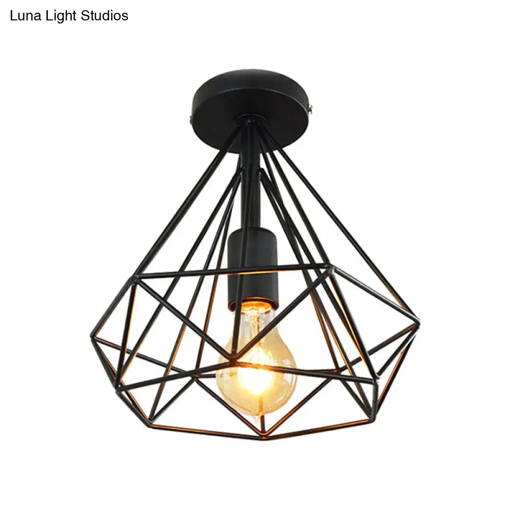 DecorBites™ DecorBites™ Stylish Diamond Metallic Ceiling Light Fixture for Bedroom - Semi Flush Industrial Cage Design