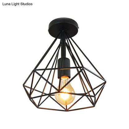 DecorBites™ DecorBites™ Stylish Diamond Metallic Ceiling Light Fixture for Bedroom - Semi Flush Industrial Cage Design