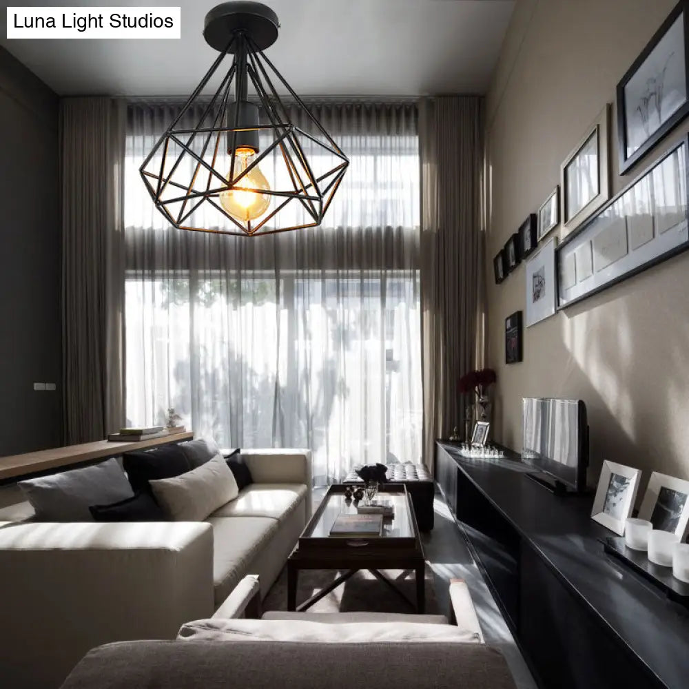 DecorBites™ DecorBites™ Stylish Diamond Metallic Ceiling Light Fixture for Bedroom - Semi Flush Industrial Cage Design