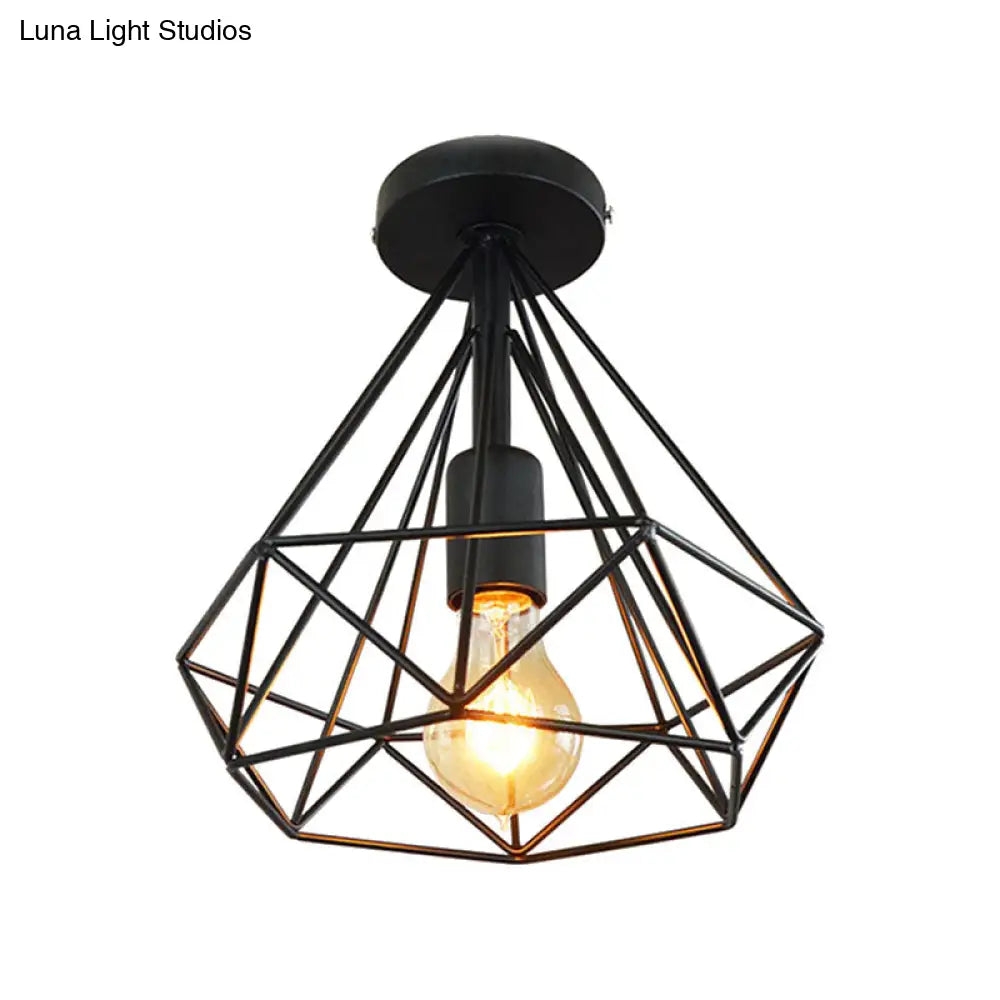 DecorBites™ DecorBites™ Stylish Diamond Metallic Ceiling Light Fixture for Bedroom - Semi Flush Industrial Cage Design